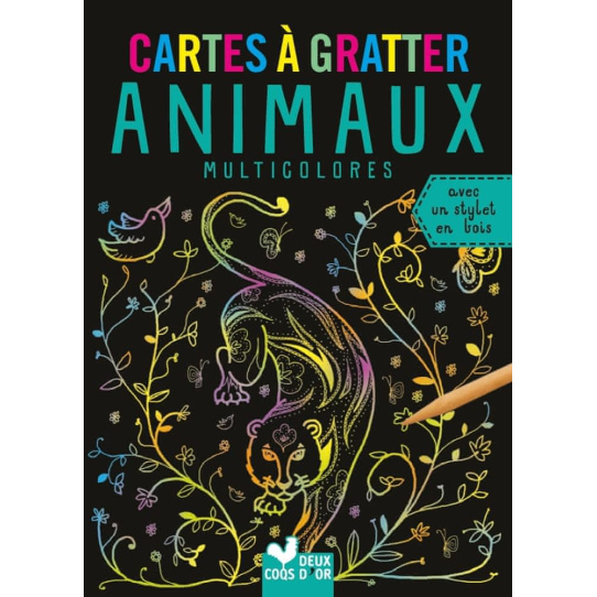 Cartes à gratter Animaux multicolores - Avec un stylet en bois